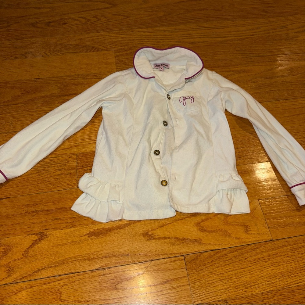 Juicy Couture White Pajama Top with Pink Trim and Ruffle Hem